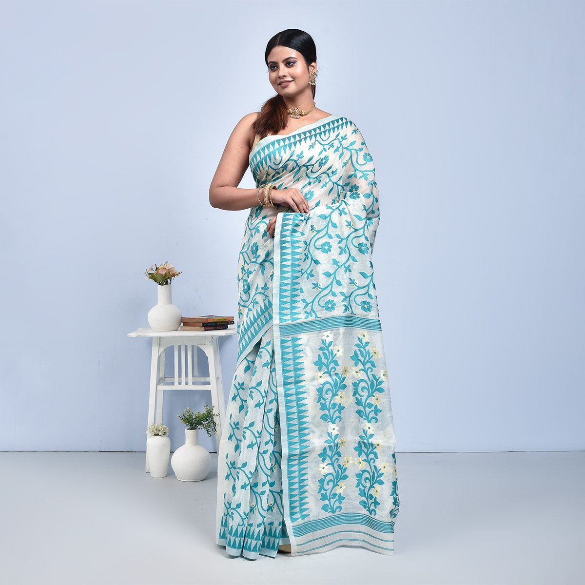 Bengal Pure Tussar Silk Saree – Womens Saree by Stotra available on Brown Living™. White - Floral Jaal Design . SKU: ST - TUS - JAAL - WHI - 03. Img 2.