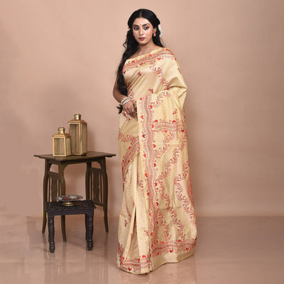 Bengal Semi Silk Hand Embroidered Kantha Stitch Saree – Womens Saree on Brown Living™. SKU: STR - SAR - KAN - BEI - 06. Img 5.