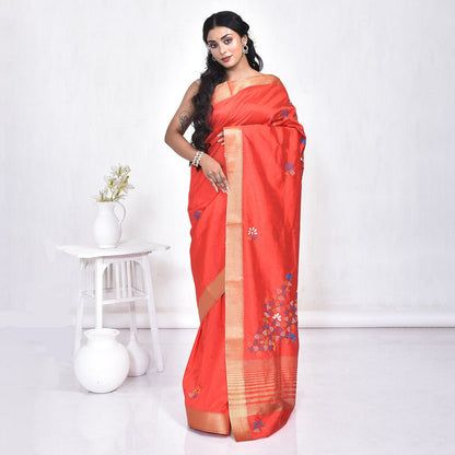 Bengal Semi Silk Hand Embroidered Kantha Stitch Saree – Womens Saree on Brown Living™. SKU: STR - SAR - KAN - BRI - 05. Img 3.