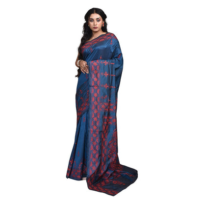 Bengal Semi Silk Hand Embroidered Kantha Stitch Saree – Womens Saree on Brown Living™. SKU: STR - SAR - KAN - CHAR - 02. Img 7.