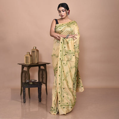Bengal Semi Silk Hand Embroidered Kantha Stitch Saree – Womens Saree on Brown Living™. SKU: STR - SAR - KAN - GOL - 07. Img 1.