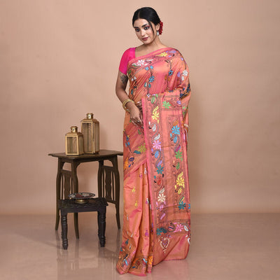 Bengal Semi Silk Hand Embroidered Kantha Stitch Saree – Womens Saree on Brown Living™. SKU: STR - SAR - KAN - ORAN - 03. Img 2.