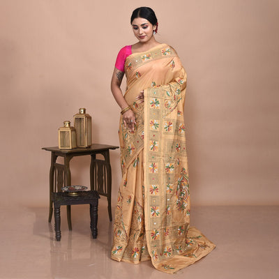 Bengal Semi Silk Hand Embroidered Kantha Stitch Saree – Womens Saree on Brown Living™. SKU: STR - SAR - KAN - YEL - 04. Img 4.