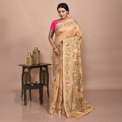 Bengal Semi Silk Hand Embroidered Kantha Stitch Saree – Womens Saree on Brown Living™. SKU: STR - SAR - KAN - YEL - 04. Img 4.