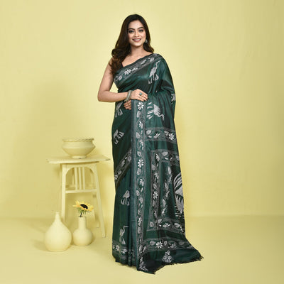 Bengal Semi Silk Kantha Stitch Saree | Hand Embroidered Ethnic Saree – Womens Saree on Brown Living™. SKU: STR-KAN-GRN-07. Img 7.
