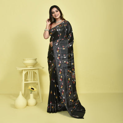 Bengal Semi Silk Kantha Stitch Saree | Hand Embroidered Ethnic Saree – Womens Saree on Brown Living™. SKU: STR-SAR-KAN-BLA-03. Img 3.