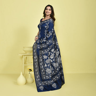 Bengal Semi Silk Kantha Stitch Saree | Hand Embroidered Ethnic Saree – Womens Saree on Brown Living™. SKU: STR-SAR-KAN-BLU-08. Img 8.
