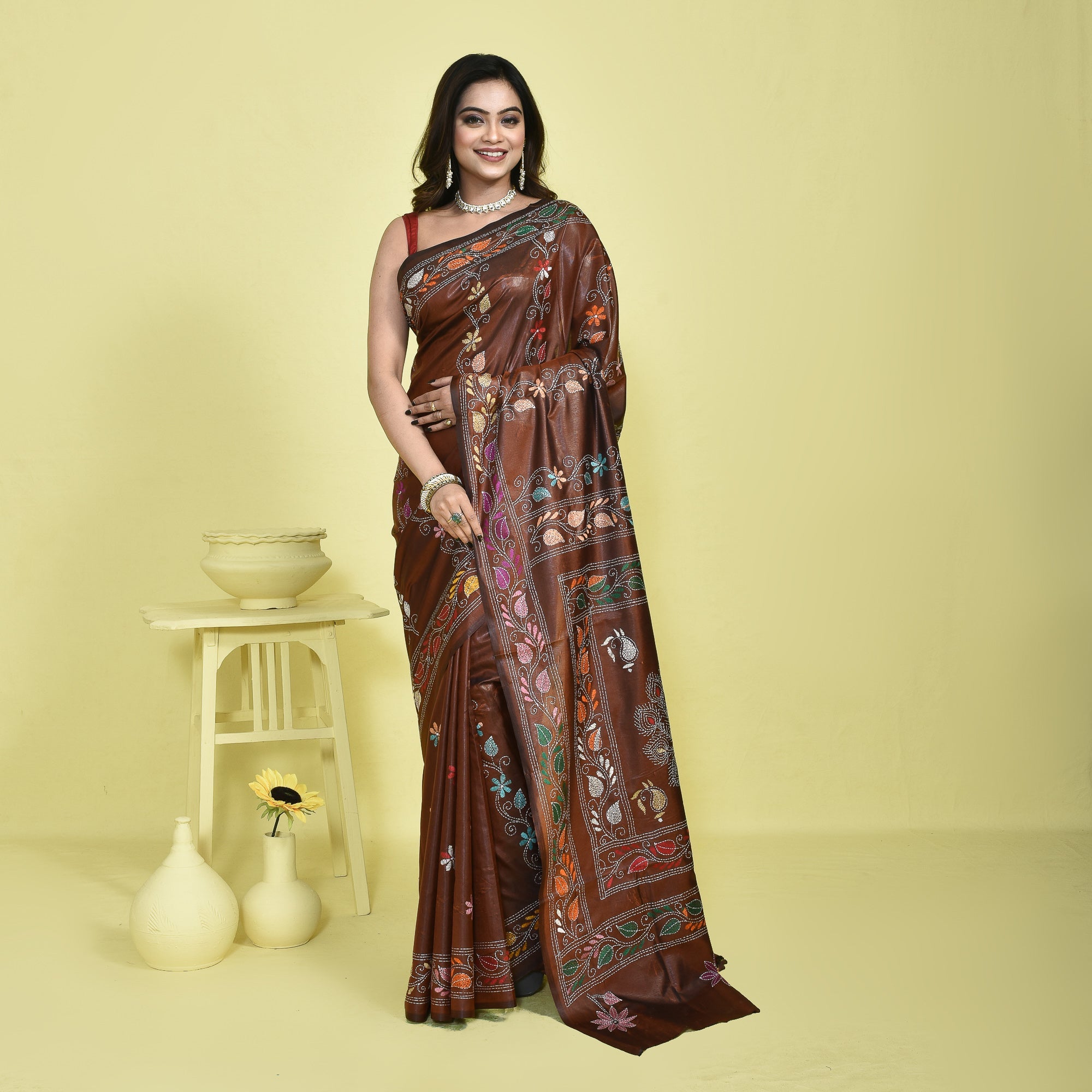 Bengal Semi Silk Kantha Stitch Saree | Hand Embroidered Ethnic Saree – Womens Saree on Brown Living™. SKU: STR-SAR-KAN-BRW-02. Img 2.