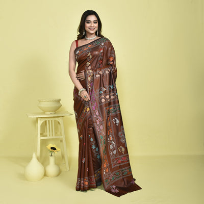 Bengal Semi Silk Kantha Stitch Saree | Hand Embroidered Ethnic Saree – Womens Saree on Brown Living™. SKU: STR-SAR-KAN-BRW-02. Img 2.