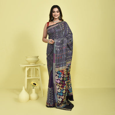 Bengal Semi Silk Kantha Stitch Saree | Hand Embroidered Ethnic Saree – Womens Saree on Brown Living™. SKU: STR-SAR-KAN-CHA-04. Img 4.