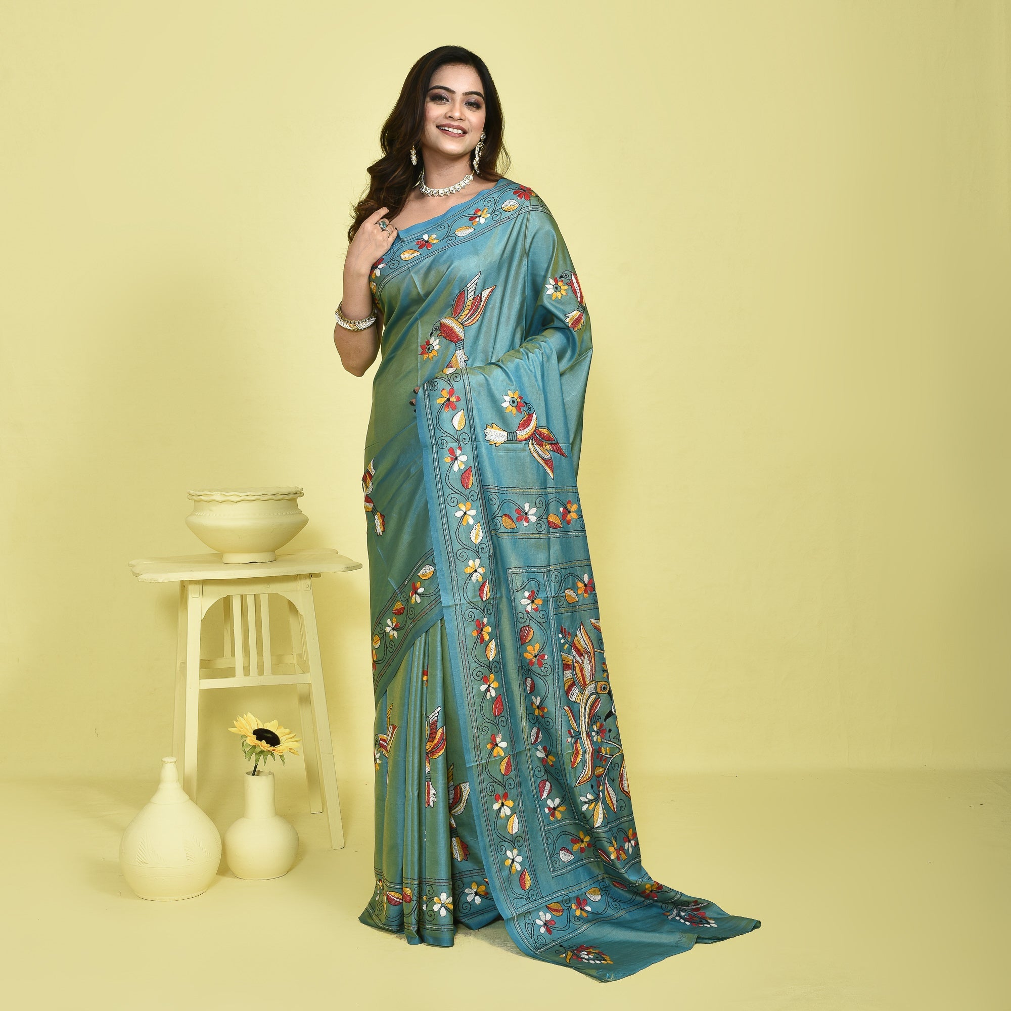Bengal Semi Silk Kantha Stitch Saree | Hand Embroidered Ethnic Saree – Womens Saree on Brown Living™. SKU: STR-SAR-KAN-SEA-06. Img 6.