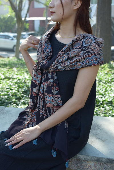 Bhoomi Ajrakh Cotton Stole | Handcrafted Block Print Dupatta – Womens Scarf on Brown Living™. SKU: EKL_08. Img 2.