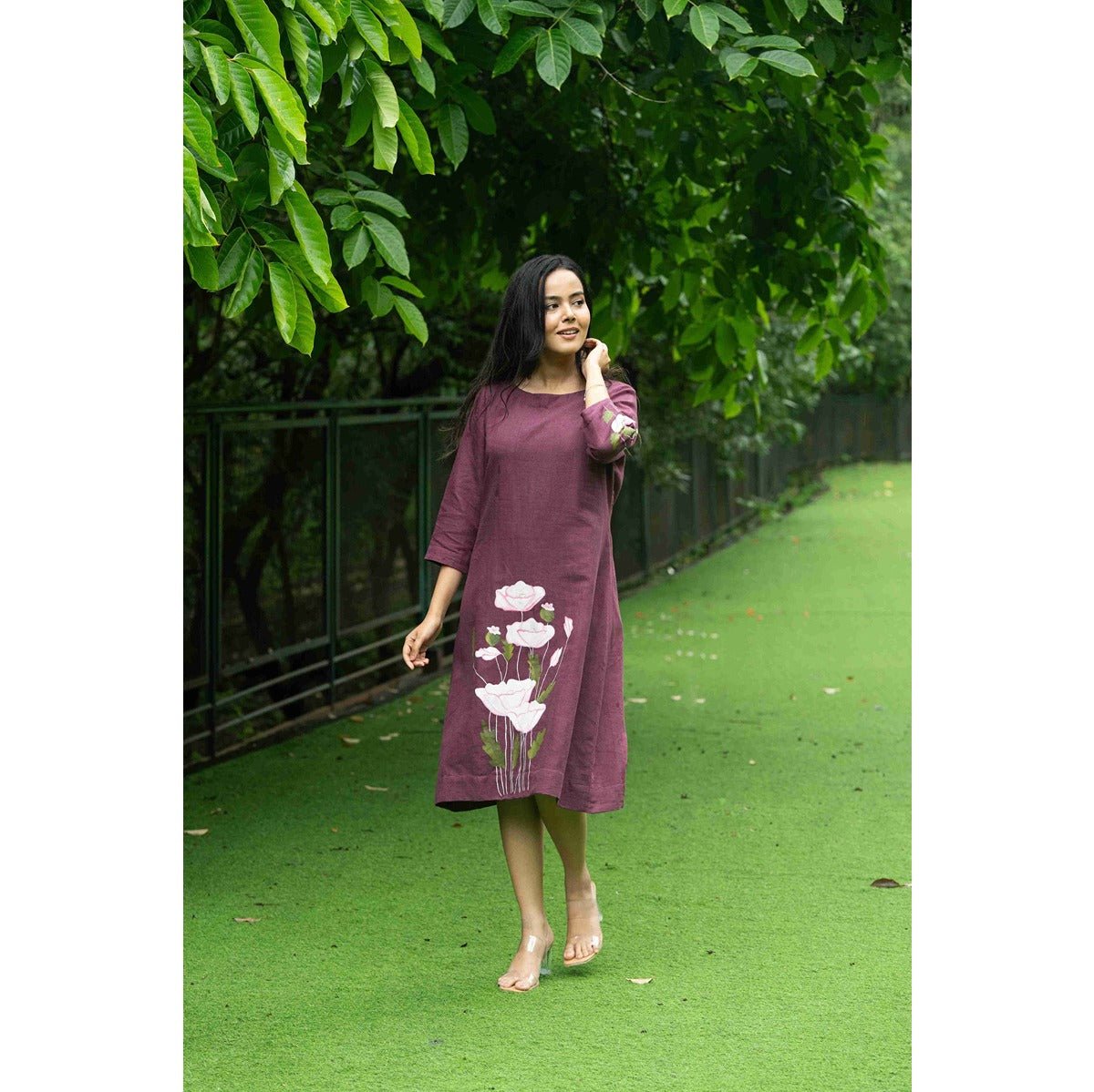 Bhumi Deep Wine Flower Painting Cotton Dress for Women – Womens Dress on Brown Living™. SKU: HD1026XSN. Img 6.