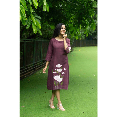 Bhumi Deep Wine Flower Painting Cotton Dress for Women – Womens Dress on Brown Living™. SKU: HD1026XSN. Img 2.
