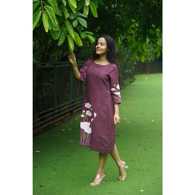 Bhumi Deep Wine Flower Painting Cotton Dress for Women – Womens Dress on Brown Living™. SKU: HD1026XSN. Img 3.