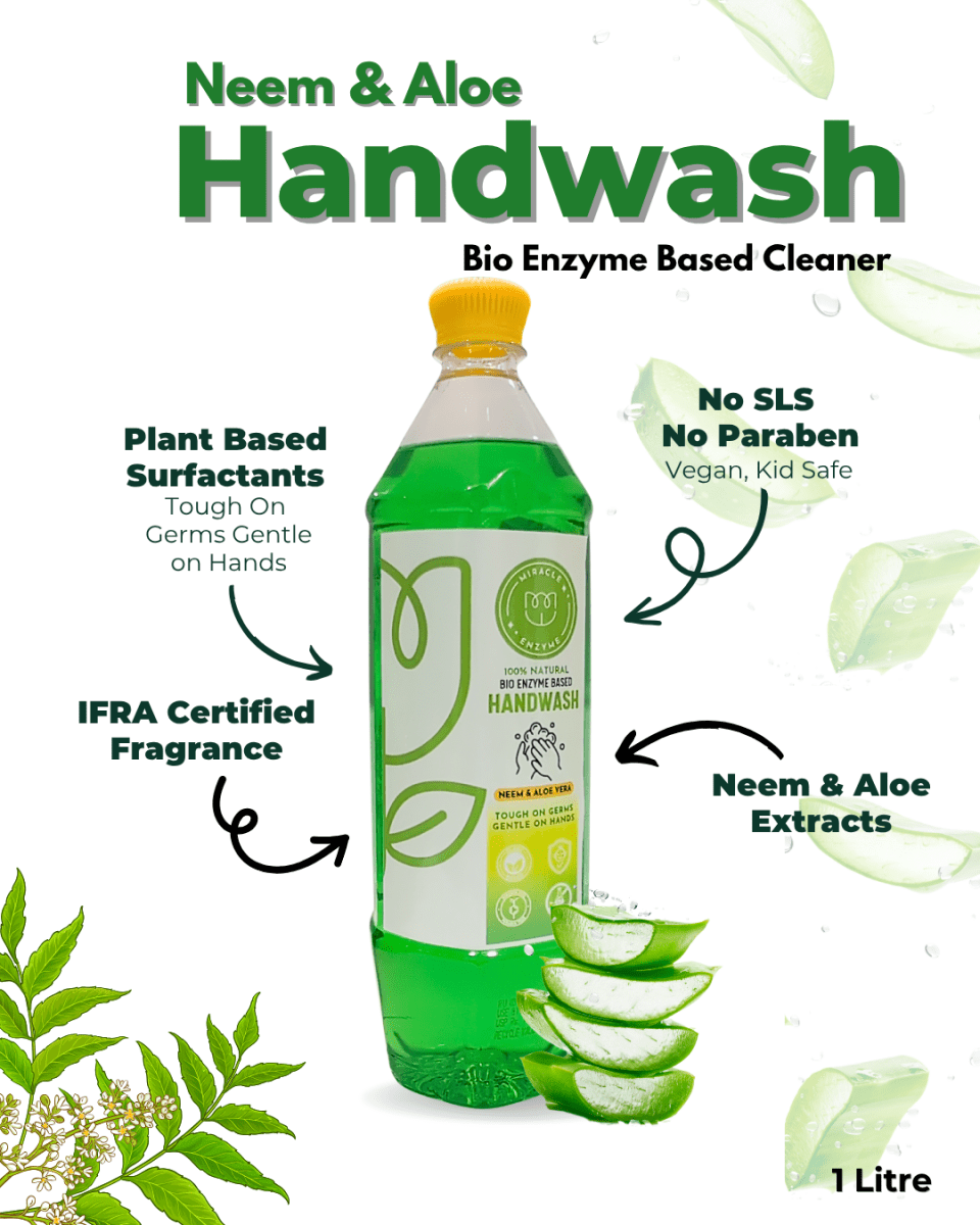 Bio enzyme Based Neem and Aloe Handwash 1 litre – Hand Wash by Miracle Enzyme available on Brown Living™. 1 Litre . SKU: MEHW1. Img 3.