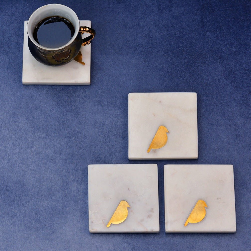 Birdie Brass Marble Inlay Coasters (Set of 4) | Verified Sustainable by Brown Living™