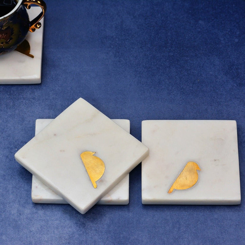 Birdie Brass Marble Inlay Coasters (Set of 4) | Verified Sustainable Coasters on Brown Living™