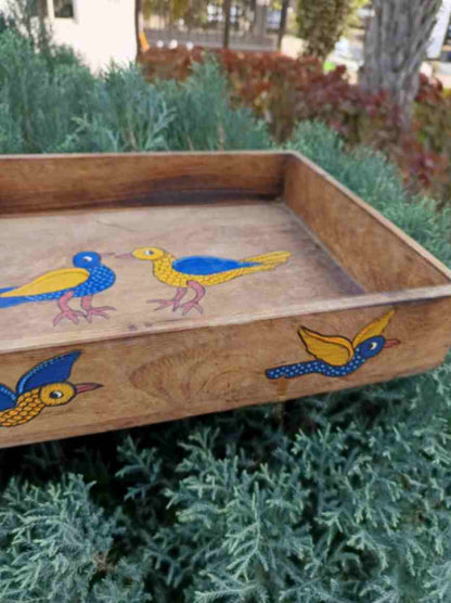 Birds of Freedom Gond Tray - Handpainted Wooden Tray – Trays & Platters on Brown Living™. SKU: GDMPWTLGMC01. Img 3.