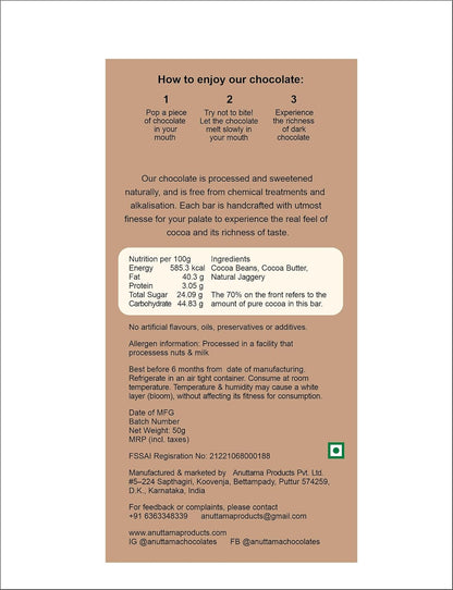 Bitter Sweet 70% Cocoa Chocolate | Dark Chocolate Sweetened With Jaggery – Chocolates on Brown Living™. SKU: 8931500354282. Img 2.