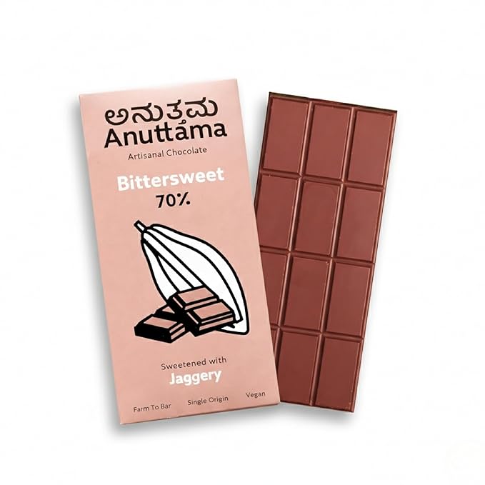 Bitter Sweet | 70% Cocoa | Sweetened with Jaggery – Chocolates on Brown Living™. SKU: V6-08I4-V4WC. Img 1.
