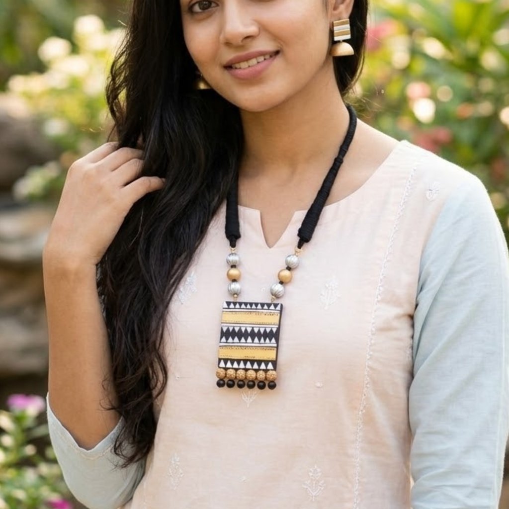 Black And Gold Geometric Pendant Necklace Handmade Ethnic Jewellery – Womens Jewelry Sets on Brown Living™. SKU: KOTT-T003. Img 1.