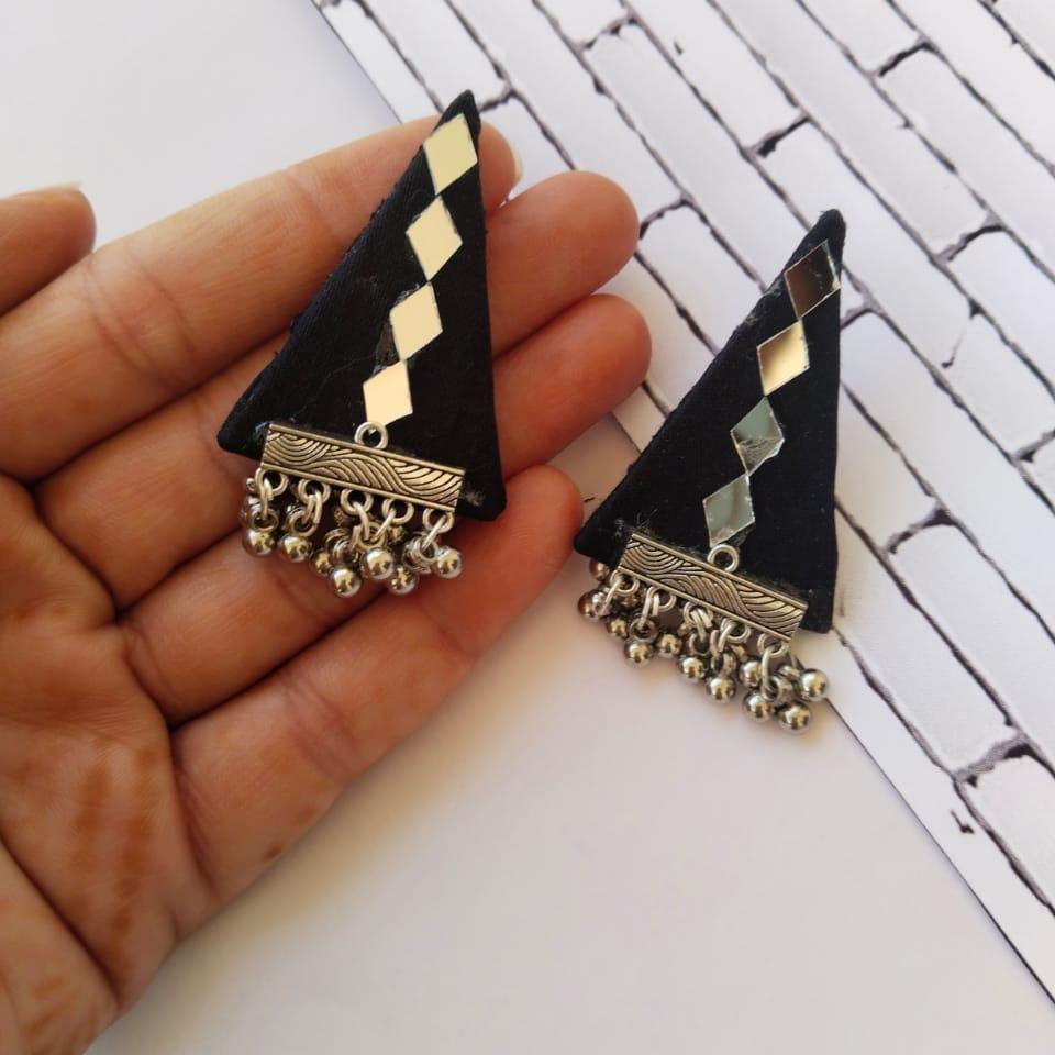 Black And Silver Mirror Triangular Studs Earrings For Women | Verified Sustainable by Brown Living™