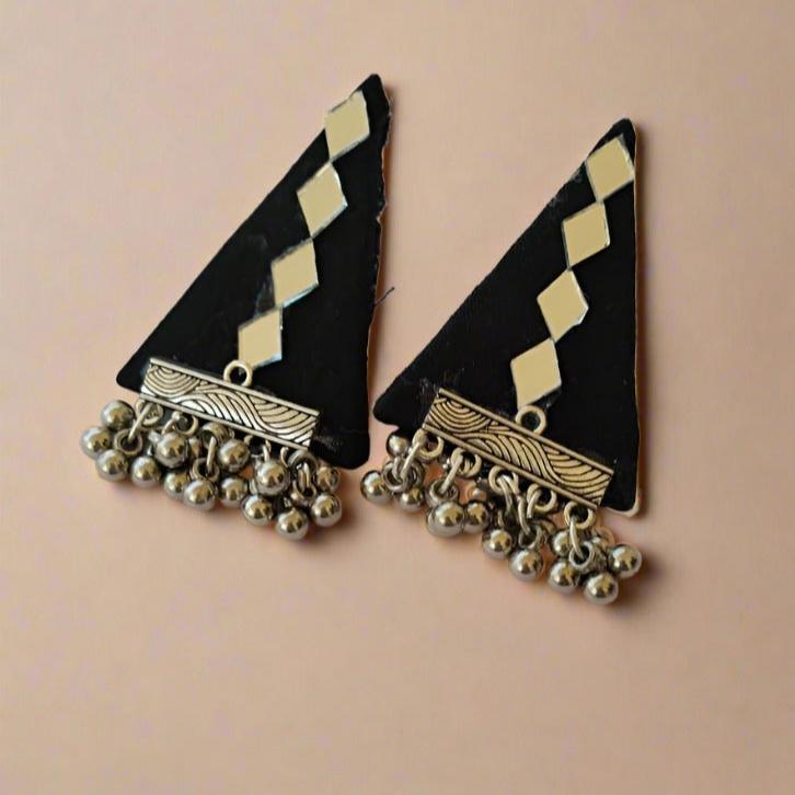 Black And Silver Mirror Triangular Studs Earrings For Women | Verified Sustainable by Brown Living™