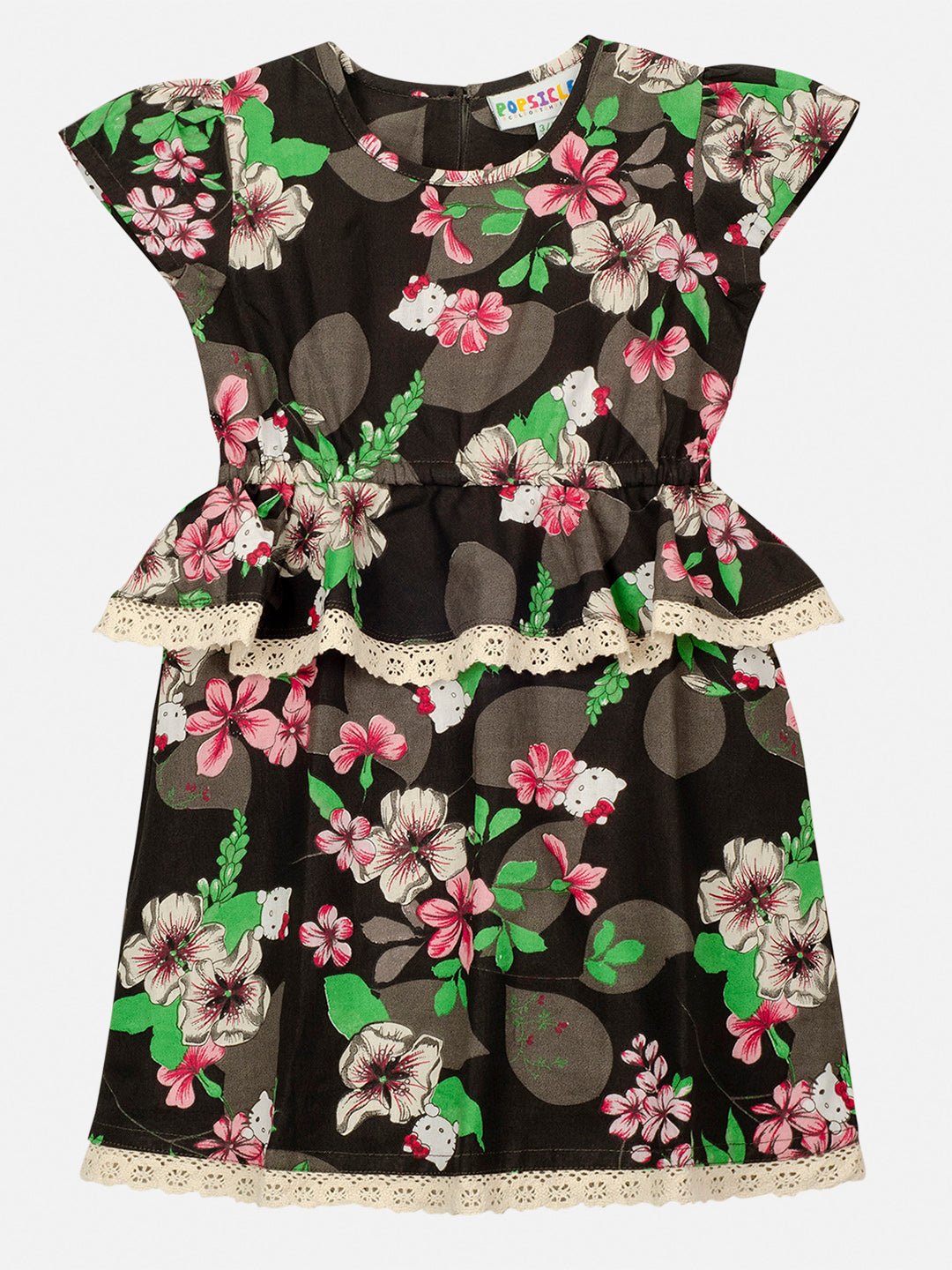 Black Cotton Gardenia Dress For Girls – Soft & Comfortable – Kids Daywear Sets on Brown Living™. SKU: PG149_1. Img 1.