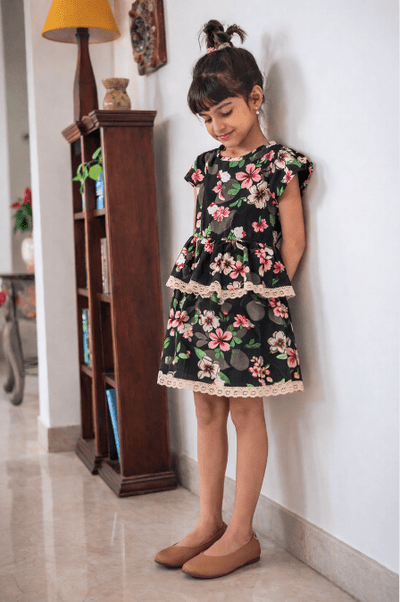 Black Cotton Gardenia Dress For Girls – Soft & Comfortable – Kids Daywear Sets on Brown Living™. SKU: PG149_1. Img 5.