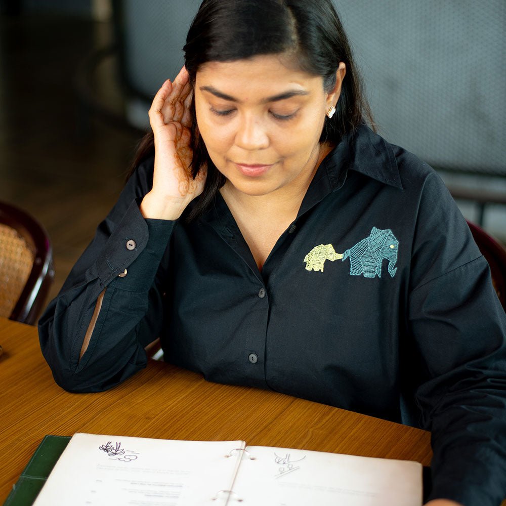 Black Cotton Shirt with Mini Elephants Embroidery – Womens Shirt on Brown Living™. SKU: NANWS005EMB052 - XS. Img 3.
