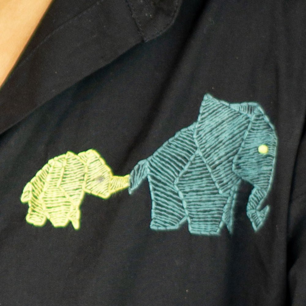 Black Cotton Shirt with Mini Elephants Embroidery – Womens Shirt on Brown Living™. SKU: NANWS005EMB052 - XS. Img 2.