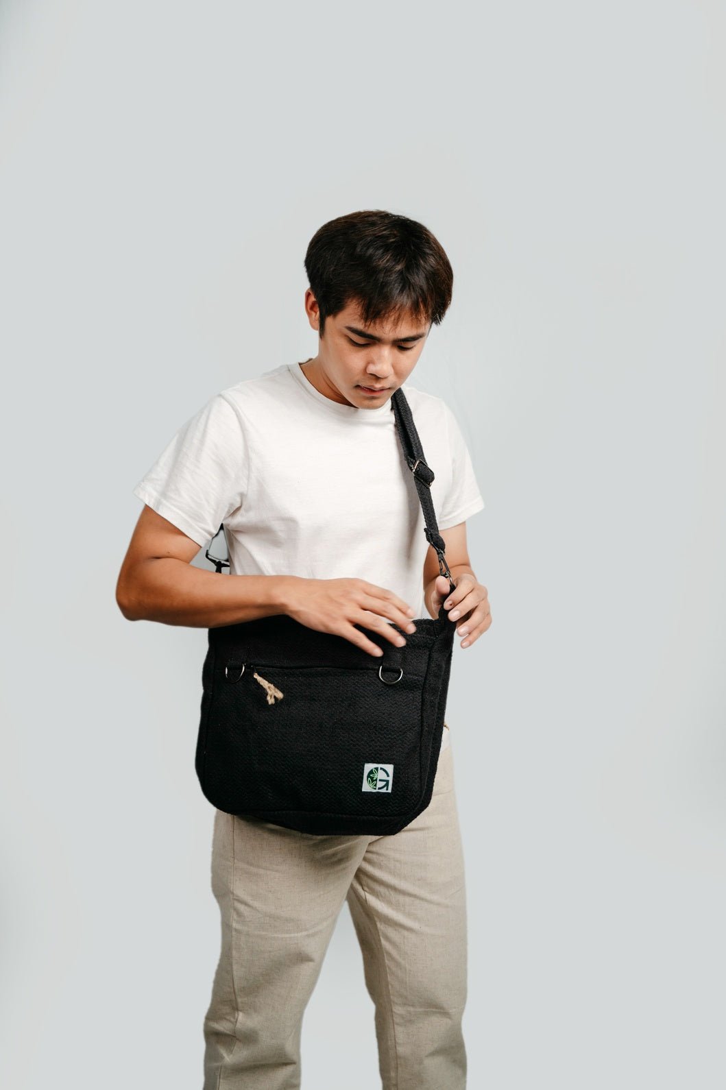 Black Messenger Sling Bag | Minimal Everyday Crossbody Bag – Sling Bag on Brown Living™. SKU: OGSBM02. Img 2.