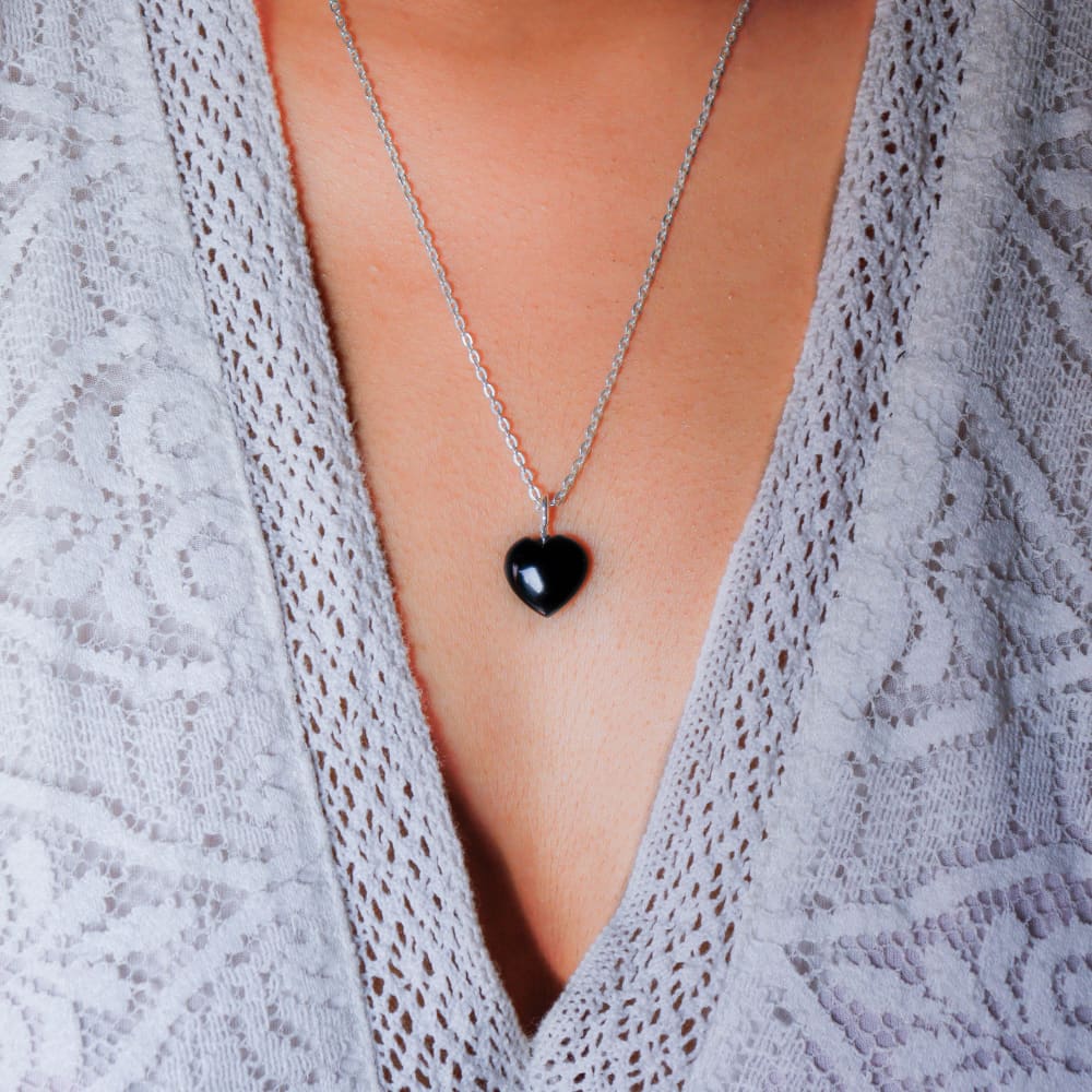 Black Obsidia Stone Pendant with Silver Chain | Verified Sustainable by Brown Living™