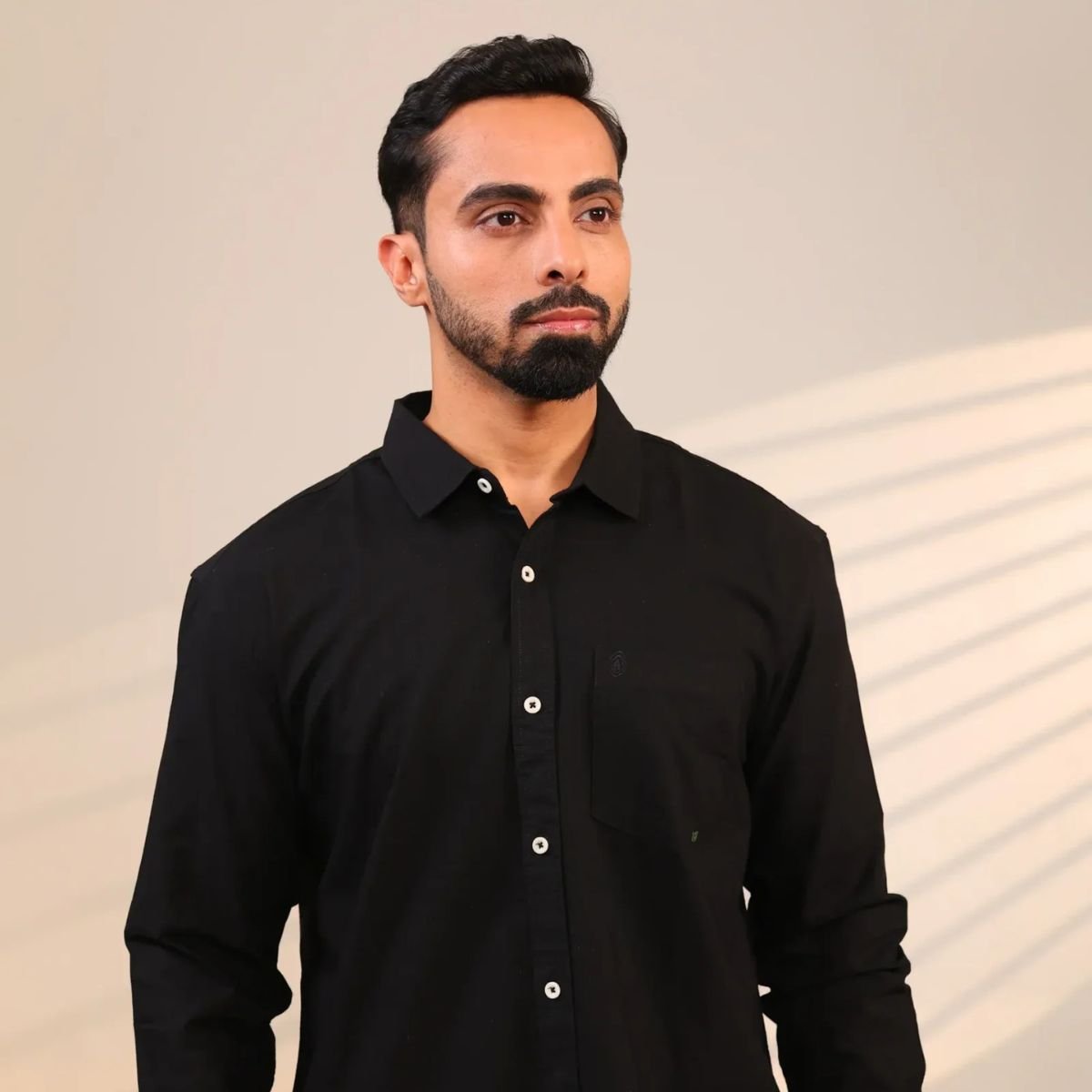 Black Onyx Shirt – Classic Cotton Shirt for Men – Mens Shirt on Brown Living™. SKU: DB - BK - F - S. Img 1.