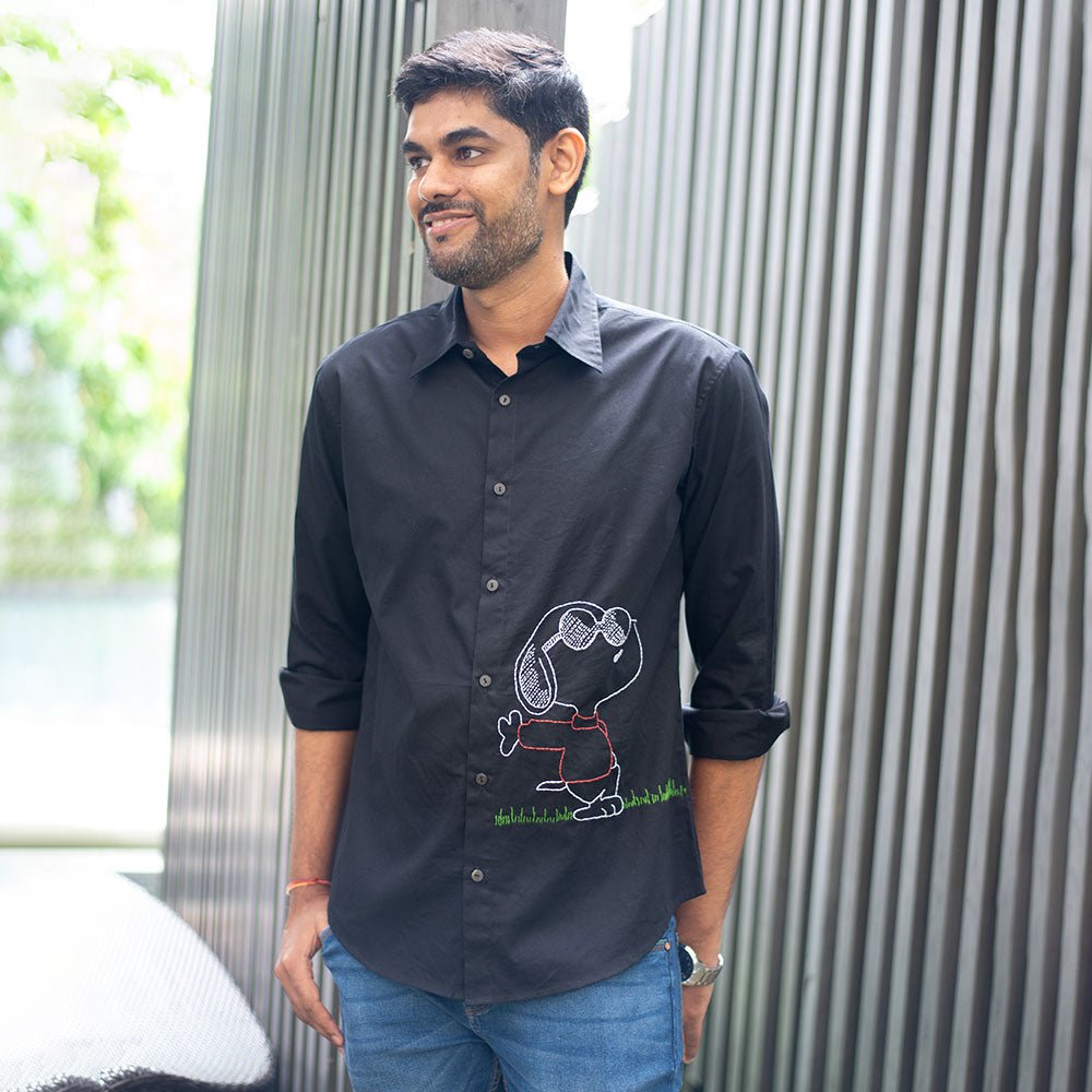Black Organic Cotton Shirt with Chill Dog Embroidery – Men Shirt on Brown Living™. SKU: NANMS005EMB046 - S39. Img 1.