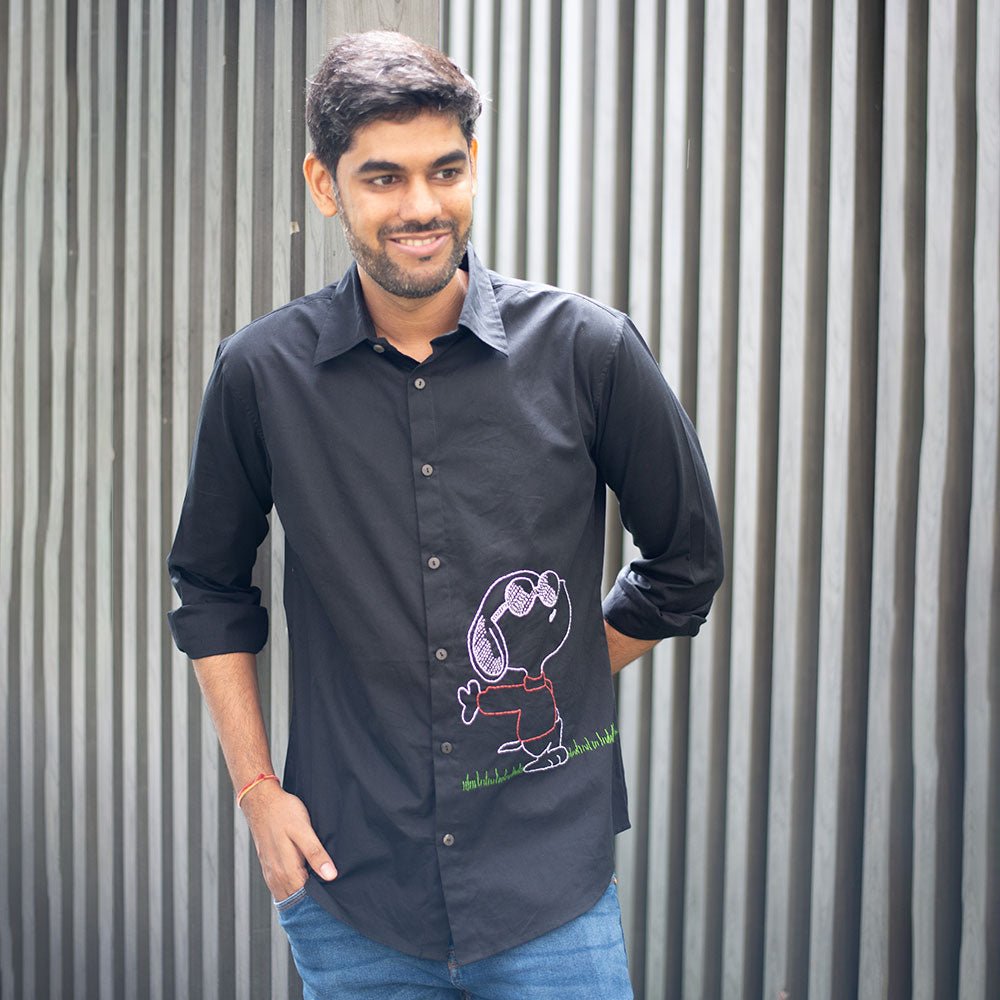 Black Organic Cotton Shirt with Chill Dog Embroidery – Men Shirt on Brown Living™. SKU: NANMS005EMB046 - S39. Img 2.