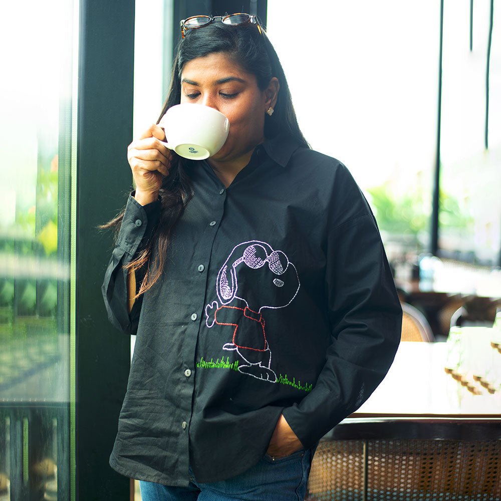 Black Organic Cotton Shirt with Chill Dog Embroidery – Womens Shirt on Brown Living™. SKU: NANWS005EMB046 - XS. Img 1.