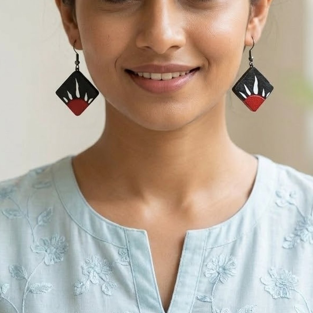 Black & Red Geometric Drop Earrings for Women – Womens Earrings on Brown Living™. SKU: KOTT-T002. Img 1.