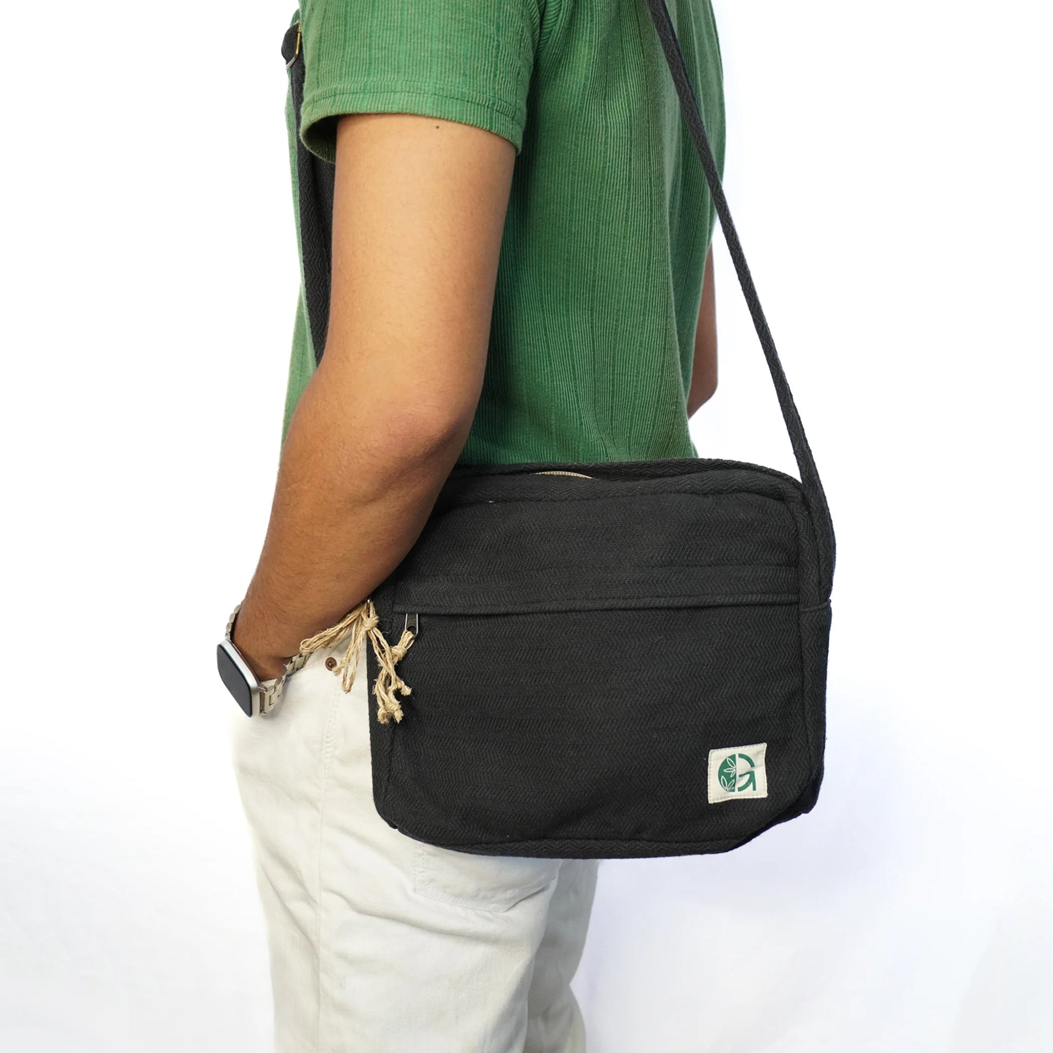 Black Reiek Sling Bag | Sustainable Hemp Crossbody Bag – Womens Handbag on Brown Living™. SKU: OGSBGRK02. Img 21.