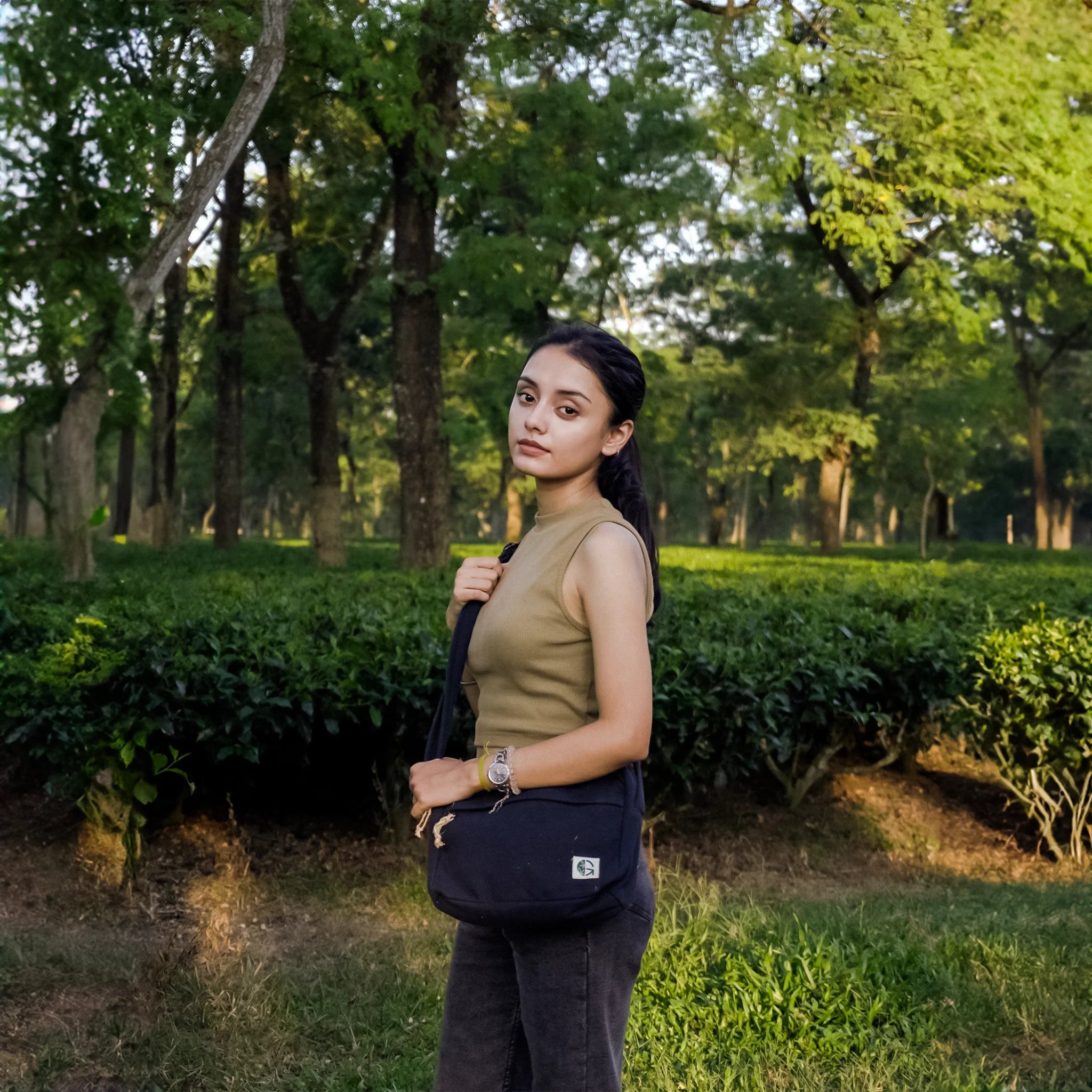 Black Reiek Sling Bag | Sustainable Hemp Crossbody Bag – Womens Handbag on Brown Living™. SKU: OGSBGRK02. Img 1.