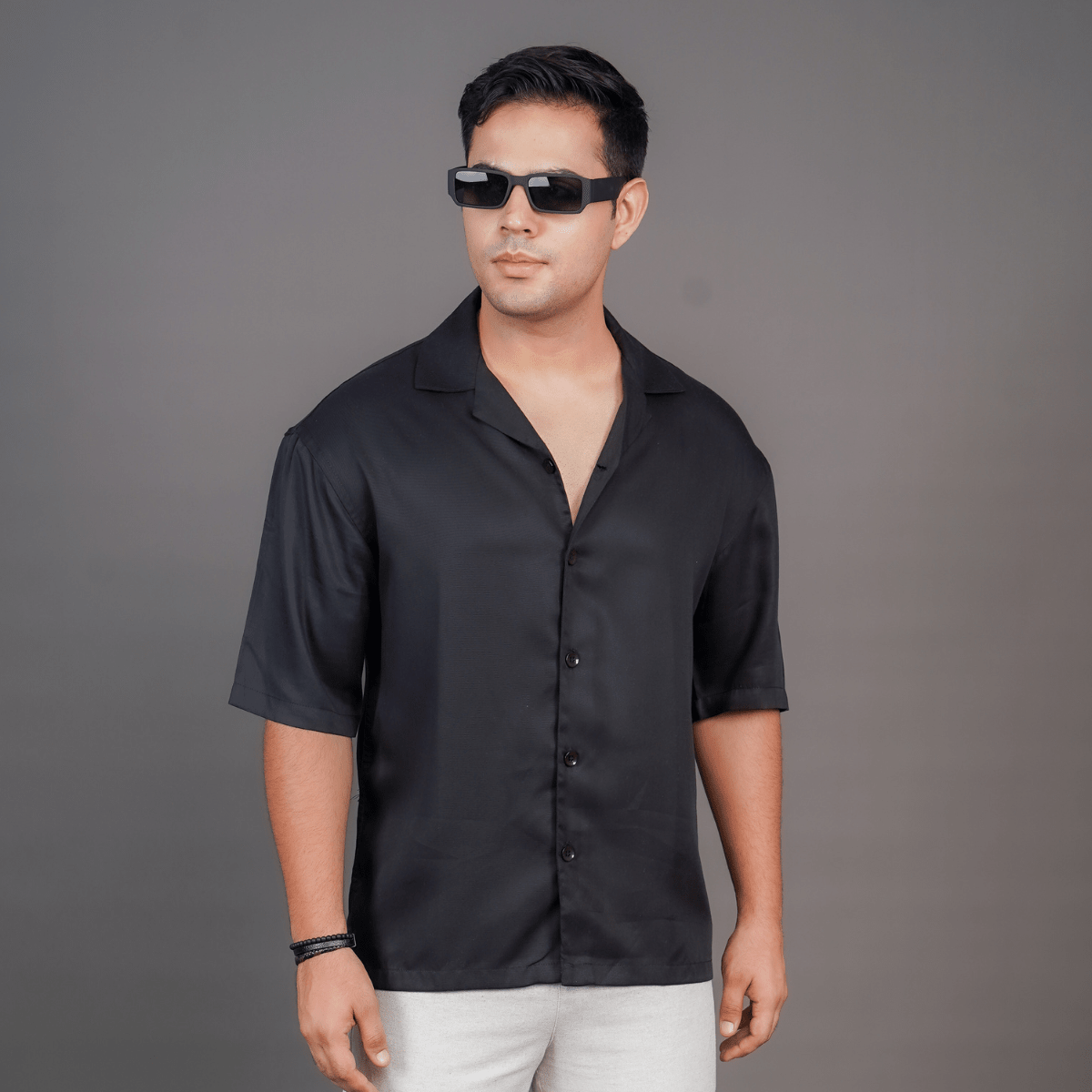 Black Relaxed Fit Tencel Cuban Collar Shirt – Men Shirt on Brown Living™. SKU: DS1055_S. Img 1.