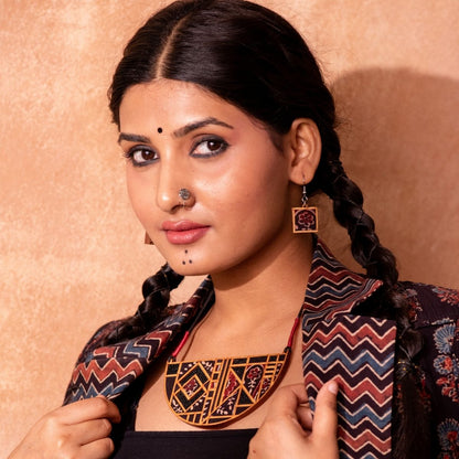 Black Repurposed Ajrakh Fabric & Wood Maze Necklace Earrings Set – Womens Earrings on Brown Living™. SKU: JCC023. Img 3.