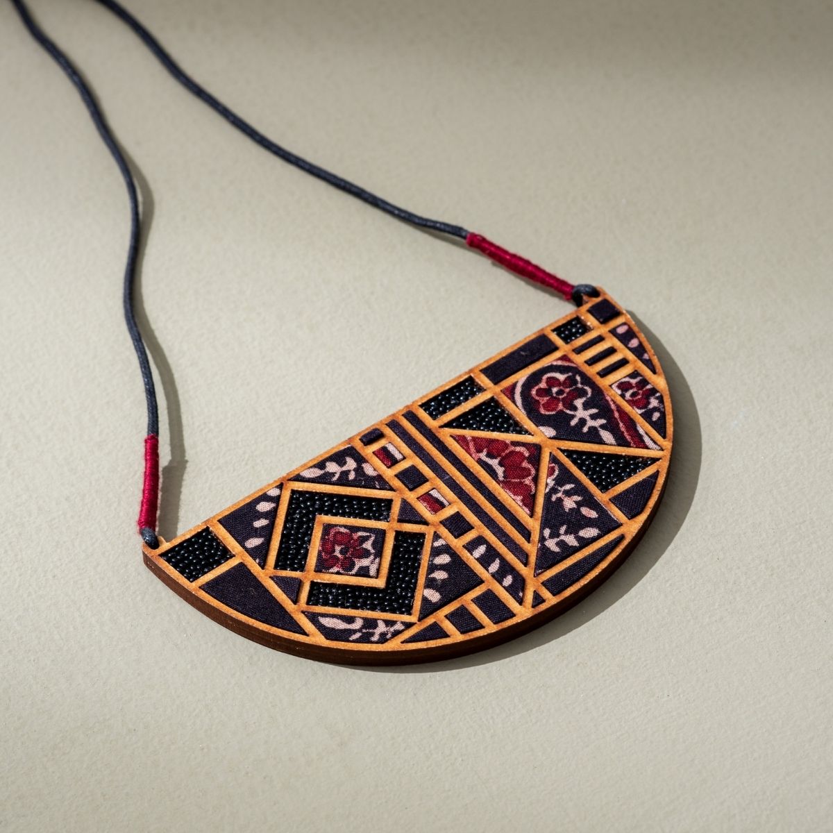 Black Repurposed Ajrakh Fabric & Wood Maze Necklace Earrings Set – Womens Earrings on Brown Living™. SKU: JCC023. Img 5.