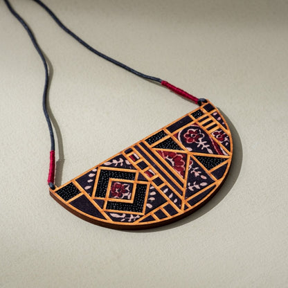 Black Repurposed Ajrakh Fabric & Wood Maze Necklace Earrings Set – Womens Earrings on Brown Living™. SKU: JCC023. Img 5.