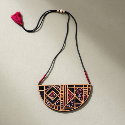 Black Repurposed Ajrakh Fabric & Wood Maze Necklace Earrings Set – Womens Earrings on Brown Living™. SKU: JCC023. Img 4.