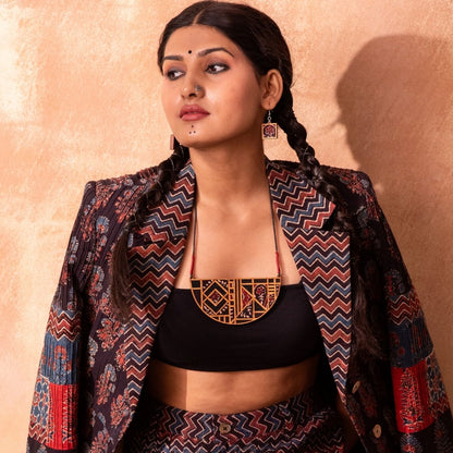 Black Repurposed Ajrakh Fabric & Wood Maze Necklace Earrings Set – Womens Earrings on Brown Living™. SKU: JCC023. Img 2.
