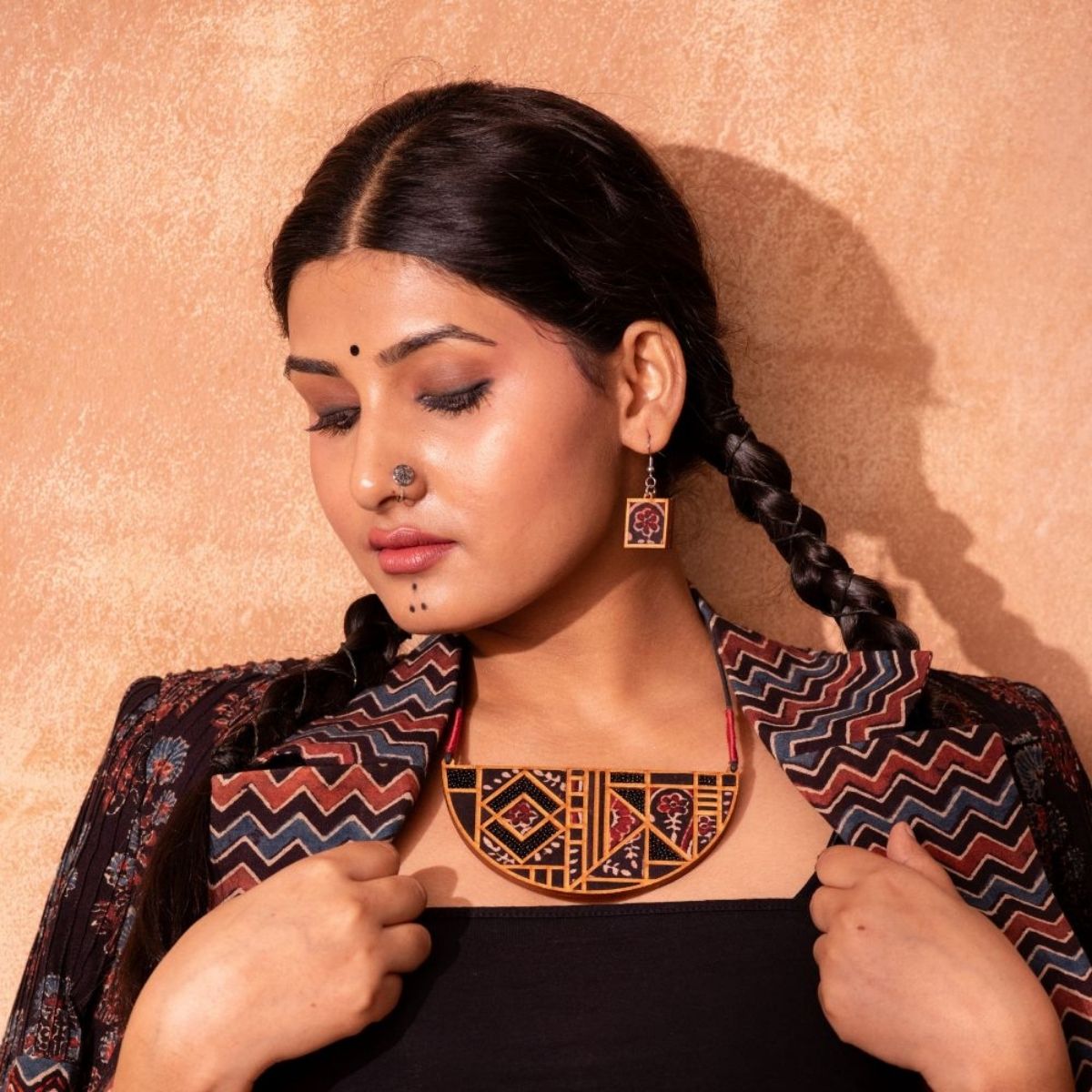 Black Repurposed Ajrakh Fabric & Wood Maze Necklace Earrings Set – Womens Earrings on Brown Living™. SKU: JCC023. Img 1.