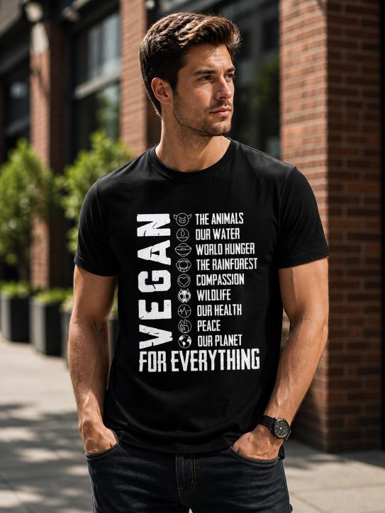 Black Unisex Cotton T-Shirt | Relaxed Fit Vegan Graphic Tee – Mens T-Shirt on Brown Living™. SKU: vegan-for-everything-Black-SN. Img 1.