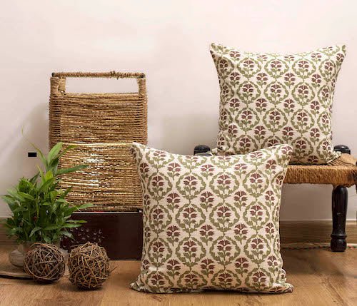 Block Print Cushion Cover with Premium Handmade Cotton Fabric - White Jaal - Pack of 2 and 5 | Verified Sustainable by Brown Living™